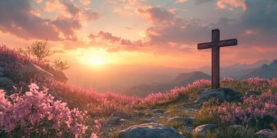 Sunrise over a serene landscape with a wooden cross and blooming flowers in a peaceful mountain setting photo