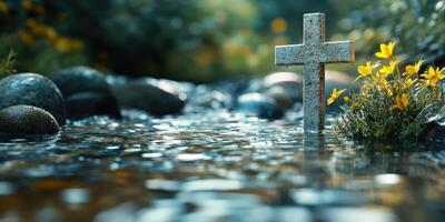 Serenity of nature captured with a cross amidst a gently flowing stream and vibrant yellow flowers photo