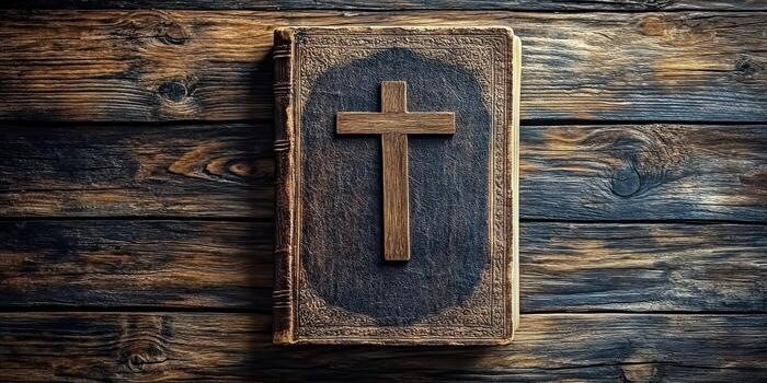 Old leather-bound book with wooden cross resting on a rustic wooden table during quiet reflection time photo