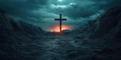 Dark landscape with cross symbolizing hope against stormy sky at twilight photo
