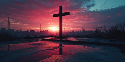 Sunset over the city with a silhouette of a cross in the foreground reflecting vibrant colors in the sky photo