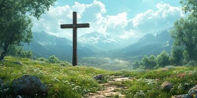 Cross located in a serene mountain landscape with blooming flowers during a bright day photo