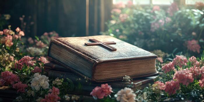 Old leather-bound Bible rests on a stack of books surrounded by colorful blooming flowers in a sunlit, serene setting photo