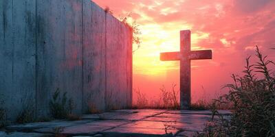 Serenity at sunset with a cross standing amidst a tranquil landscape in a deserted area photo