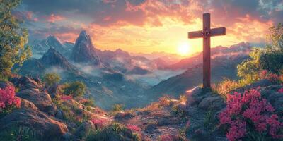 Sunset over a mountain landscape with a cross among blooming flowers in a peaceful valley setting photo