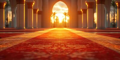 Captivating sunset view inside a grand hall adorned with intricate carpets and surrounded by elegant pillars photo