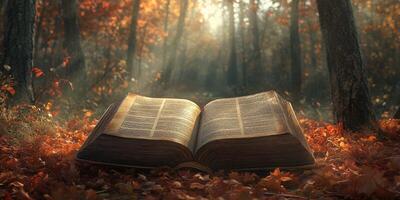 Open book resting on fallen autumn leaves in a serene forest during golden hour light photo