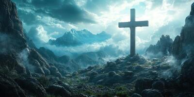 Scenic mountainous landscape with a cross at twilight showcasing nature's beauty and serenity photo
