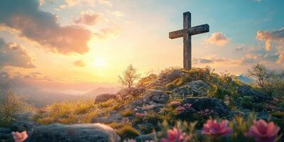 Sunrise over a cross on a mountain with blooming flowers and soft clouds in a serene landscape photo
