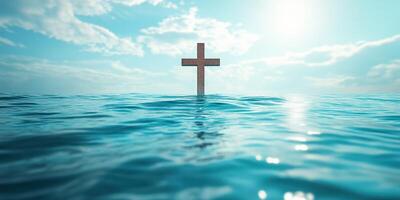 Cross rising from the ocean at sunset, symbolizing hope and faith in a tranquil setting with gentle waves photo