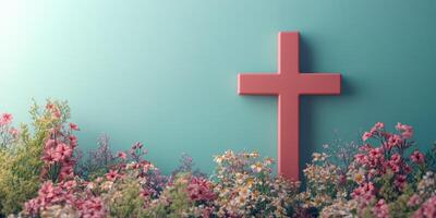 Colorful cross adorned with flowers in a serene setting celebrating faith and nature photo