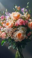 Beautiful bouquet of pastel roses and flowers in soft natural light with shadows creating a serene atmosphere photo