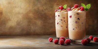 Delicious raspberry milkshake served in tall glasses with whipped cream and mint leaves on a textured background photo
