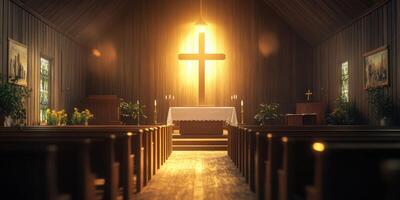 Light streaming through a cross illuminates a serene church interior during quiet Sunday service photo