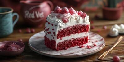 Delightful red velvet cake topped with cream and strawberries served on a rustic wooden table photo