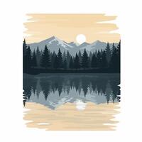 Lake Reflection of Evergreen Trees and Mountains at Dusk Scenery vector