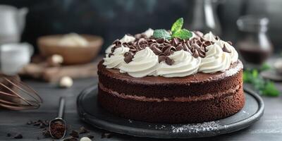 Delicious chocolate cake with cream topping and chocolate chips on a rustic kitchen countertop photo