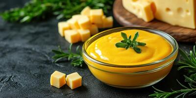 Creamy cheese dip served with fresh herbs and cubed cheese on a rustic table photo