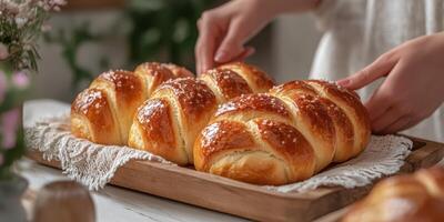 Freshly baked bread loaves arranged on a wooden tray in a cozy kitchen setting during late morning hours photo