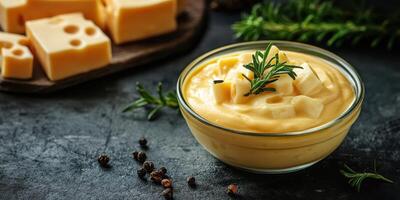 Creamy cheese dip garnished with fresh herbs, served in a bowl alongside cheese cubes and spices in a rustic kitchen setting photo