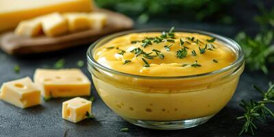 Creamy cheese dip served with fresh herbs in a glass bowl on a dark counter with cheese cubes in the background photo