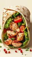 Grilled chicken wrap filled with fresh vegetables served in a soft tortilla photo