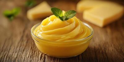 Creamy mango mousse dessert served in a glass bowl with fresh mint leaves and cheese pieces in the background photo