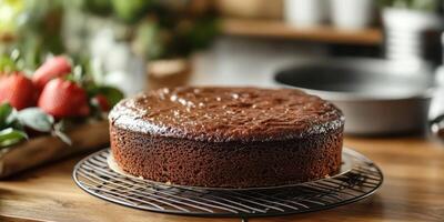 Delicious chocolate cake cooling on a rack with fresh strawberries nearby in a cozy kitchen setting photo