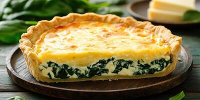Savory spinach quiche on a wooden board with fresh ingredients and cheese in the background photo