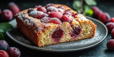 Delicious homemade plum cake served on a dark plate with whole plums scattered around on a wooden table photo