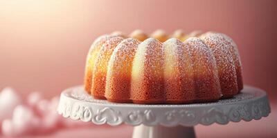 Delicious freshly baked bundt cake placed on an elegant cake stand with soft lighting highlighting its texture photo