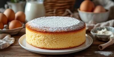 Delicious homemade sponge cake on a rustic wooden table with eggs and milk in the background ready for baking photo