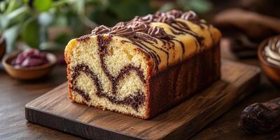 Delicious marble cake displayed on a wooden board with chocolate frosting and a rustic background photo