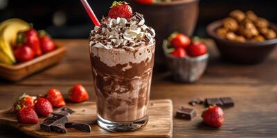 Delicious chocolate milkshake topped with cream, chocolate shavings, and fresh strawberries in a cozy cafe setting photo