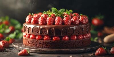 Delicious chocolate cake topped with fresh strawberries and mint leaves on a dark wooden surface photo