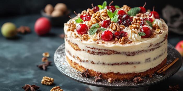 Delicious multi-layered cake topped with cherries, nuts, and mint leaves on a dark tabletop photo