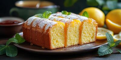 Delicious lemon cake served with fresh mint leaves and lemon slices on a wooden table photo
