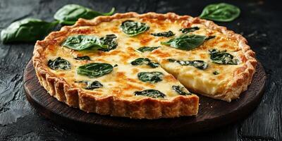 Delicious spinach quiche served on a wooden board ready to be enjoyed photo