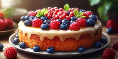 Fresh berry cake topped with cream and mint leaves on a rustic wooden table photo