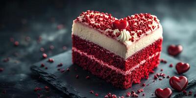Heart-shaped red velvet cake decorated with fondant hearts on a slate serving plate photo