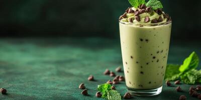 Delicious mint chocolate smoothie served in a clear glass with mint garnish and chocolate chips photo