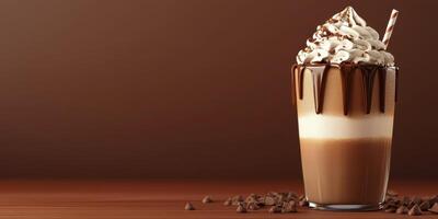 Indulgent chocolate dessert drink with whipped cream and chocolate drizzle served in a tall glass photo