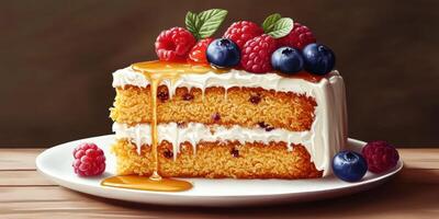 Layered cake topped with fresh berries and dripping caramel served on a white plate photo
