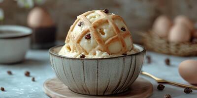 Delicious dessert made with creamy ice cream and a golden waffle basket in a cozy kitchen setting photo