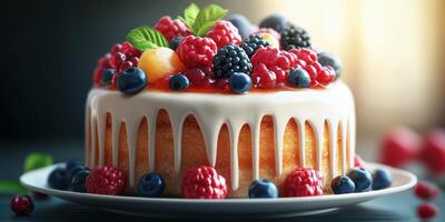 Delicious cake topped with fresh berries and creamy icing on a wooden table photo