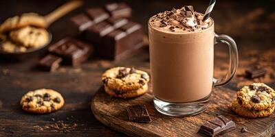 Delicious chocolate shake with cookies and chocolate pieces on a wooden table at a cozy cafe setting photo