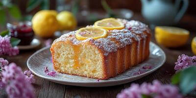 Lemon loaf cake garnished with lemon slices and edible flowers on a rustic table photo