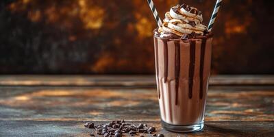 Creamy chocolate milkshake topped with whipped cream and chocolate shavings on a rustic wooden table photo