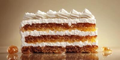 Layered dessert with cream and jelly showcasing intricate textures in a soft-lit background photo