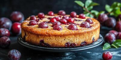 Beautiful plum cake with fresh fruit placed on a dark background during a baking session photo